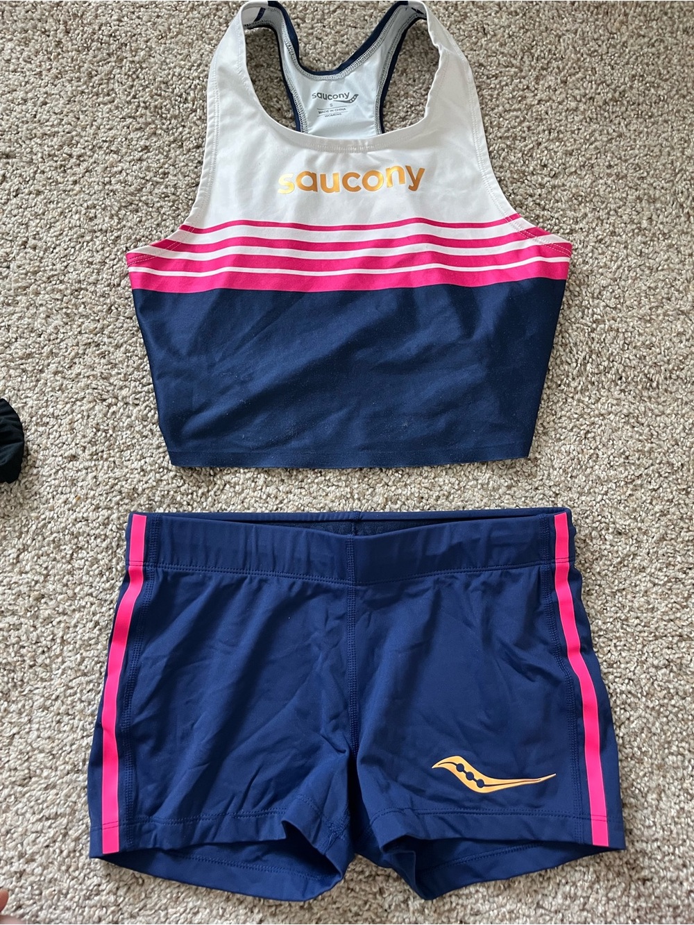 Saucony Navy Pink White Two-Piece Athletic Crop Top & Shorts